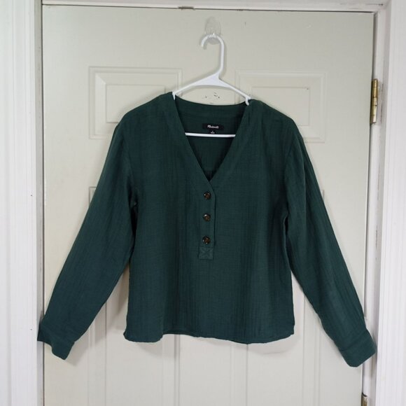 Madewell Blouse Womens Green Textured Long Sleeve V-Neck Button Details Size S - Picture 1 of 10